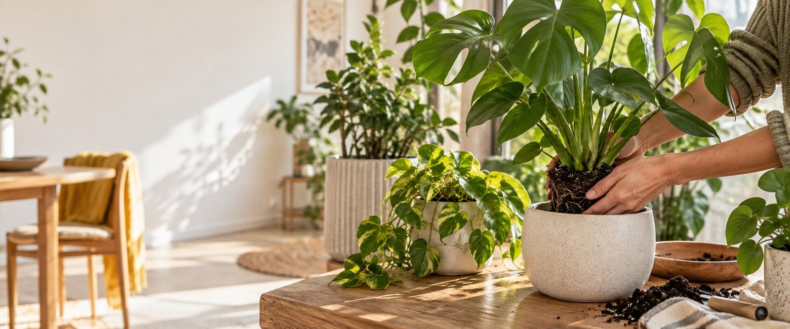 Persona trasplantando una planta de interior en un espacio luminoso